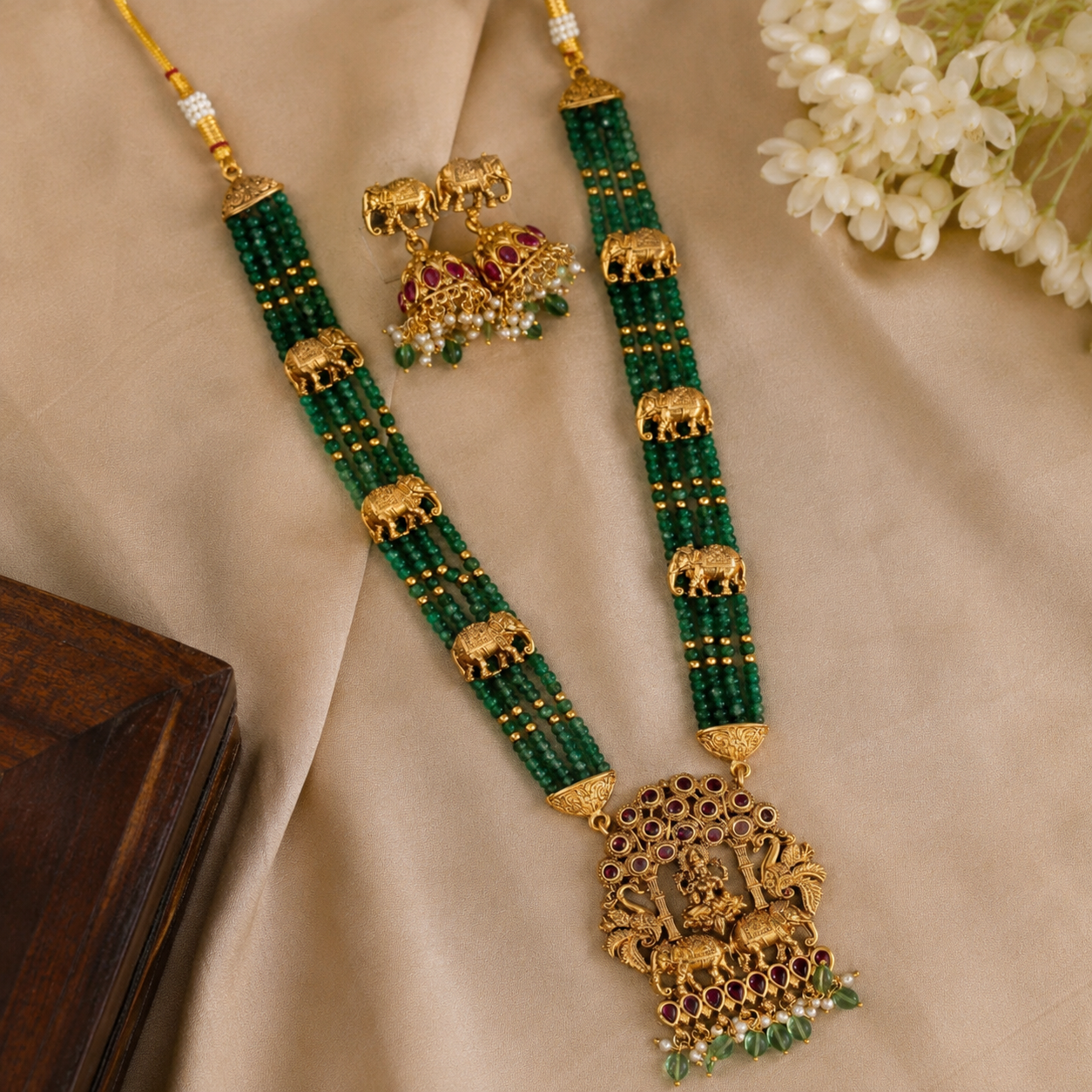 Gaja Lakshmi Emerald Pearl Haram Set | Indian Imitation Jewellery