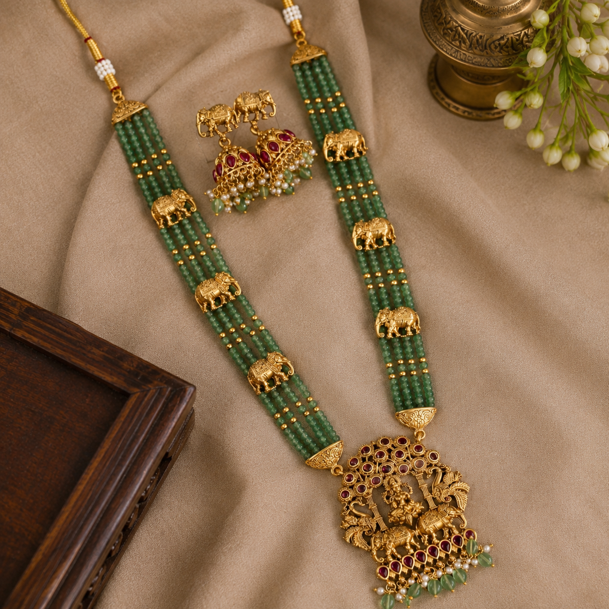 Gaja Lakshmi Emerald Pearl Haram Set | Indian Imitation Jewellery