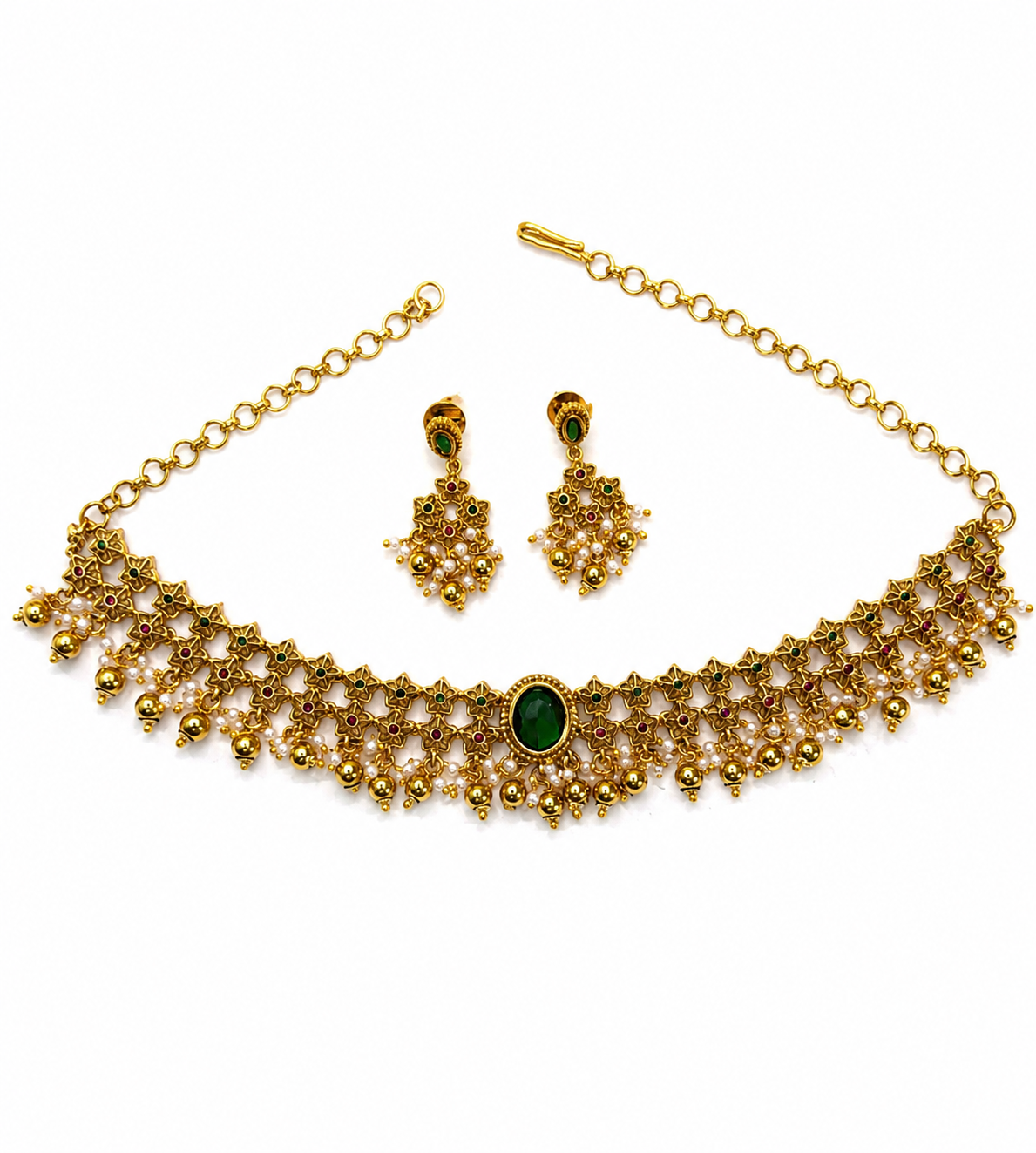 Antique emerald floral pearl choker set with traditional Indian imitation jewelry, featuring intricate designs and elegant craftsmanship.