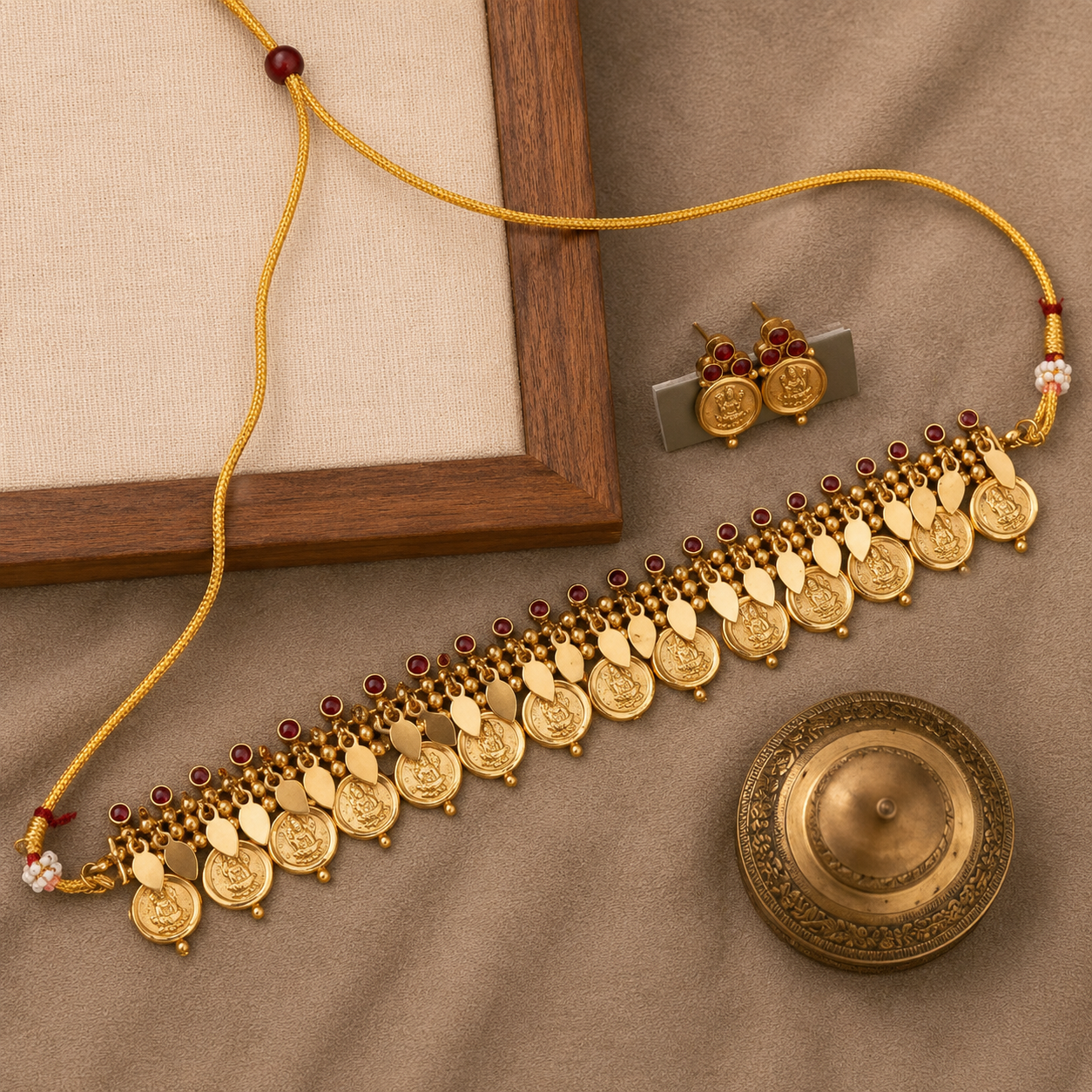 Gold coin necklace with matching earrings and a decorative brass plate, arranged on a beige fabric surface next to a wooden frame.