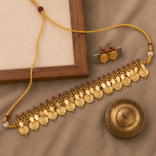 Gold coin necklace with matching earrings and a decorative brass plate, arranged on a beige fabric surface next to a wooden frame.