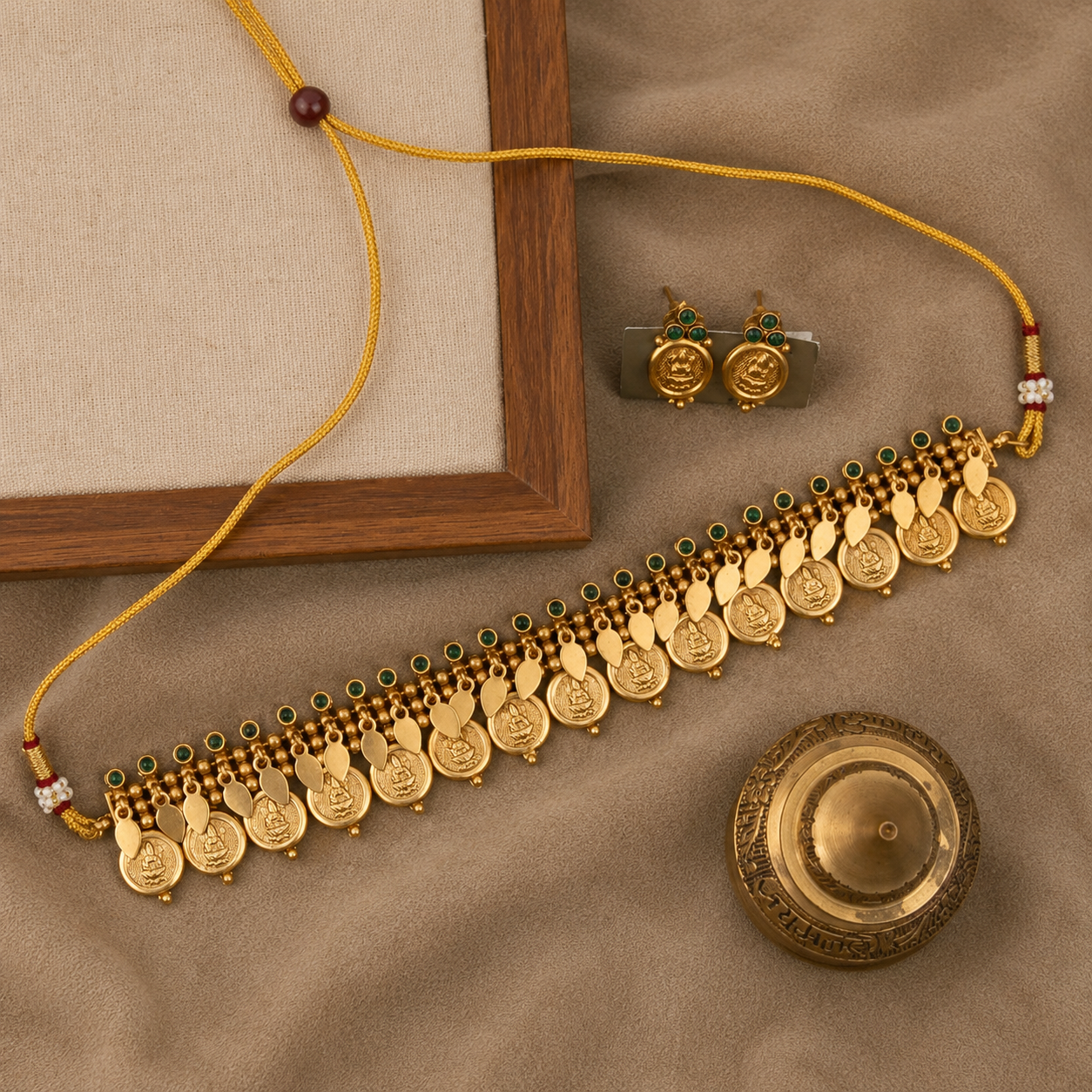 Gold-toned jewelry set laid out on a beige fabric surface, including a necklace with dangling coin-shaped charms, matching earrings, and a small decorative container. A wooden frame edge is visible in the background.