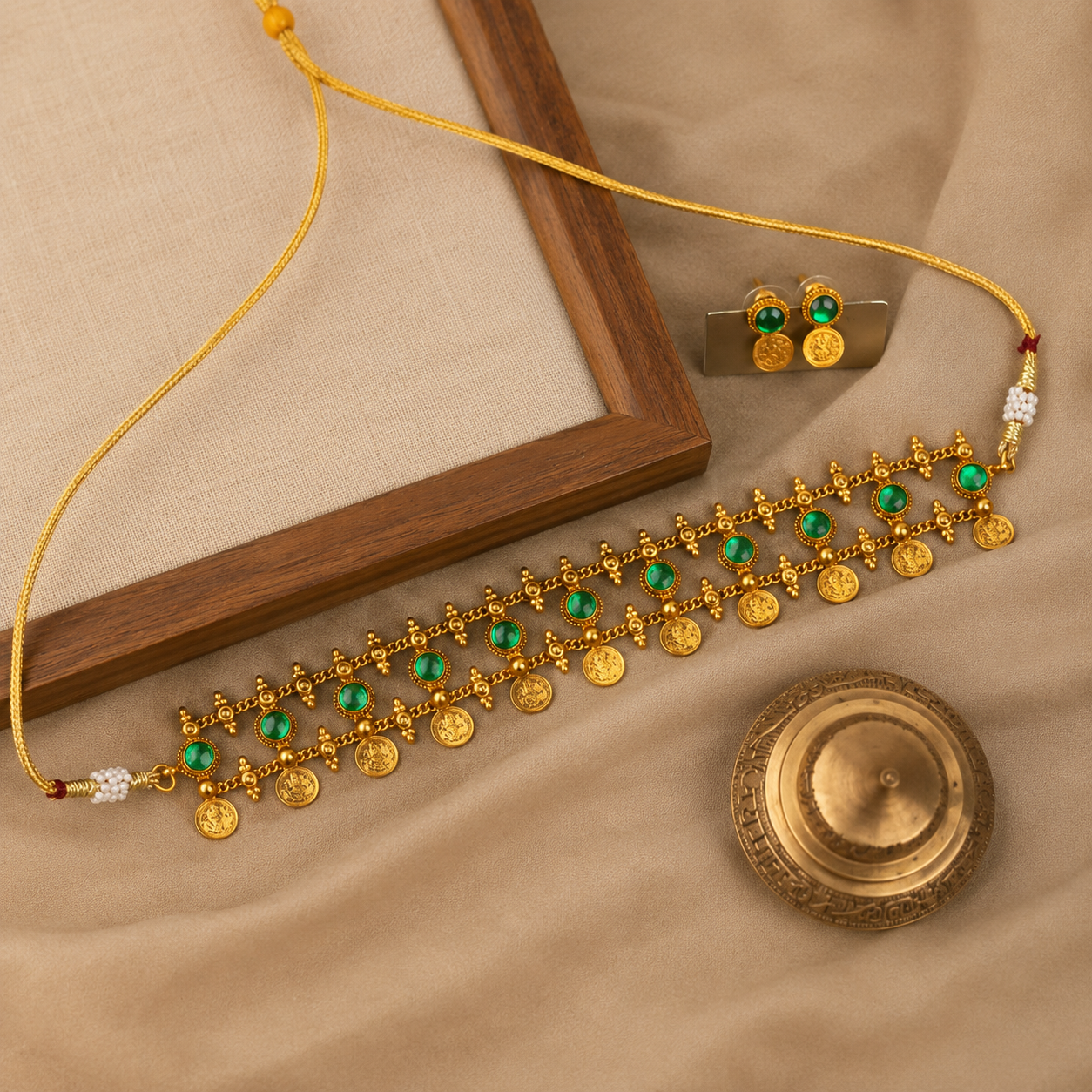 Antique Emerald Coin Temple Choker Set | Traditional Indian Imitation Jewellery