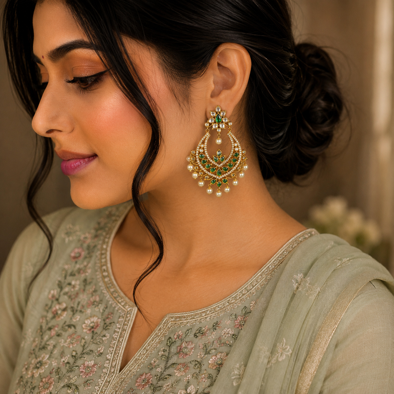 A woman in profile wearing a large, ornate gold-toned chandelier earring embellished with green stones and white faux pearls, paired with a sage green embroidered traditional outfit.