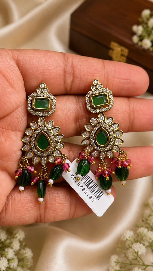 Emerald Kundan Floral Drop Earrings