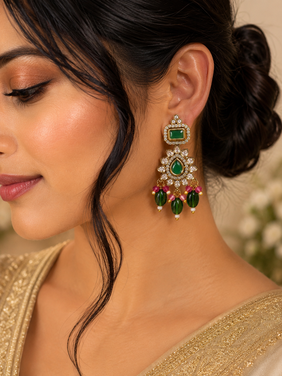 Emerald Kundan Floral Drop Earrings