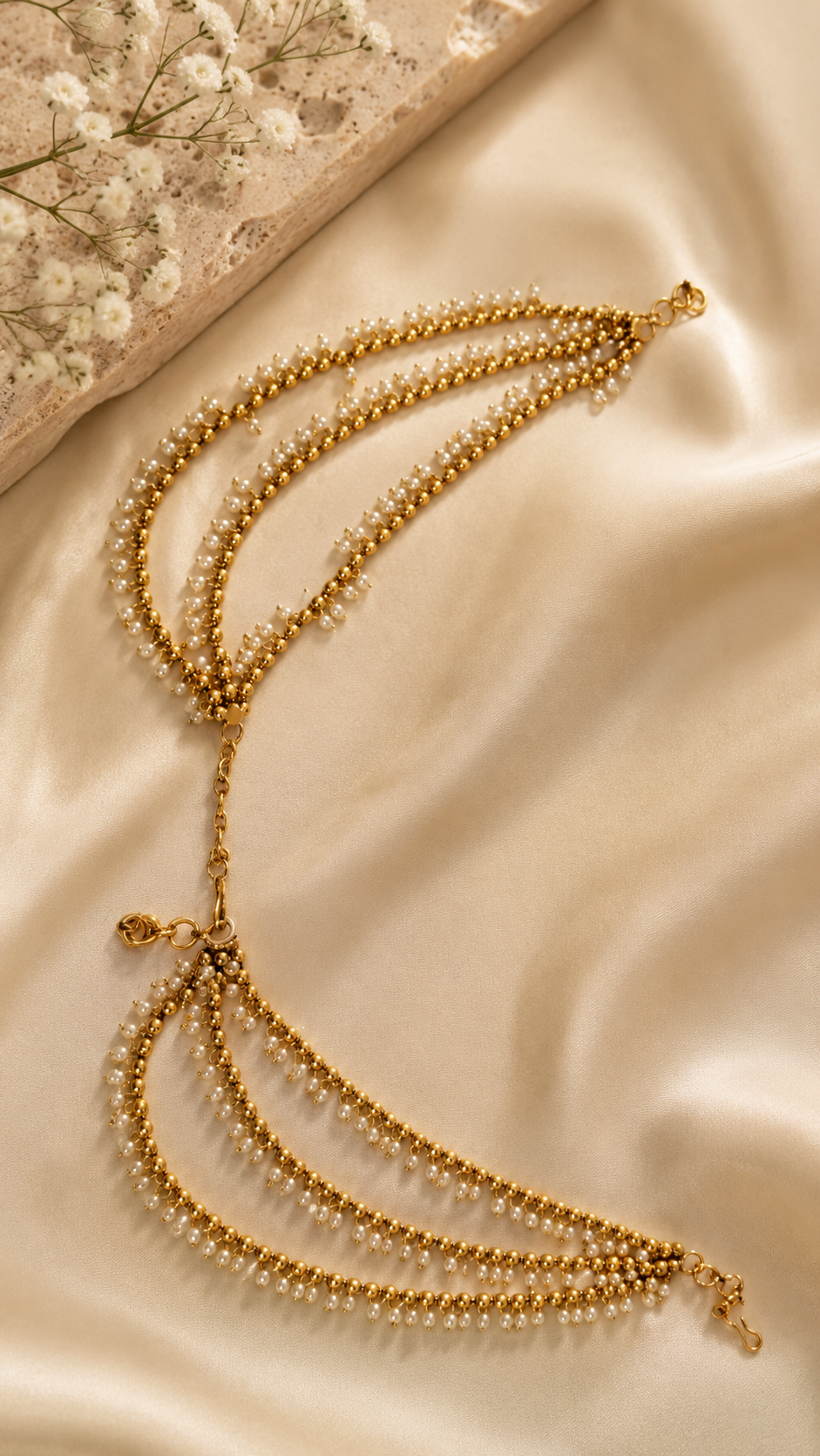 Elegant pearl bridal ear chain by Belumiee, featuring classic design with pearls and delicate metalwork for wedding jewelry.