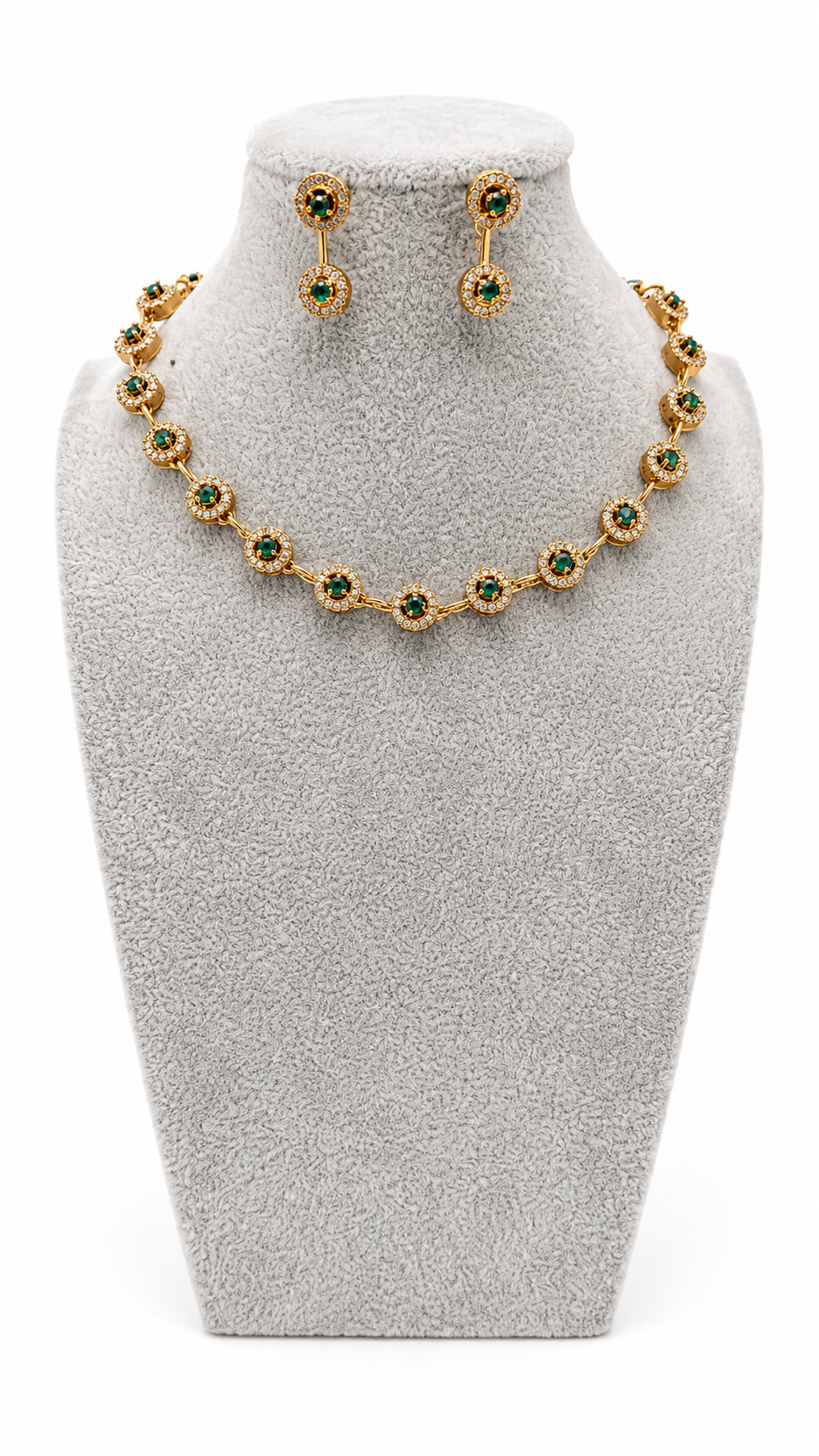 Emerald Halo AD necklace and earring set by Belumiee, featuring emerald accents and elegant design for special occasions.