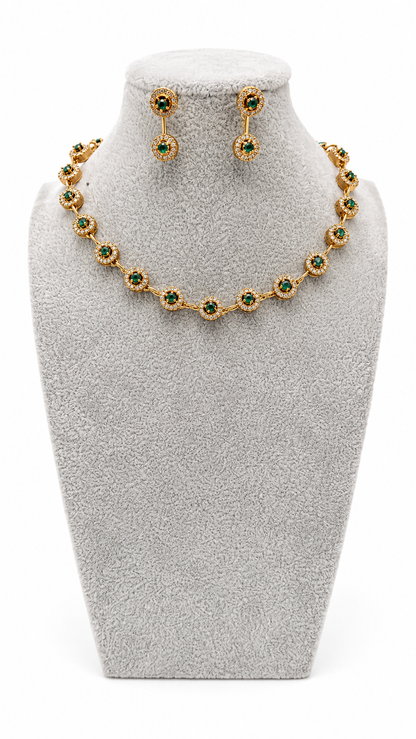 Emerald Halo AD necklace and earring set by Belumiee, featuring emerald accents and elegant design for special occasions.