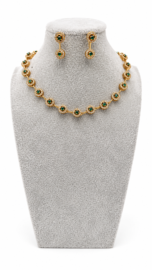 Emerald Halo AD necklace and earring set by Belumiee, featuring emerald accents and elegant design for special occasions.