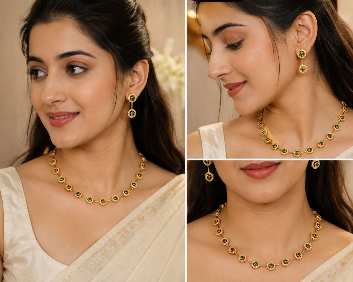 Emerald Halo AD necklace and earring set by Belumiee featuring sparkling emerald gemstones and elegant design.