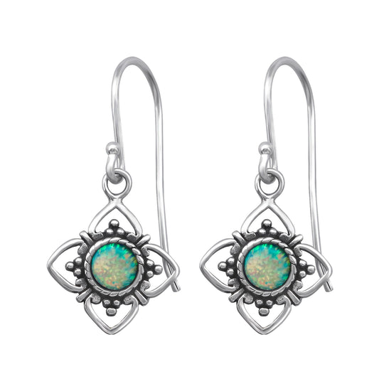 Silver Flower Earrings with Synthetic Opal – 925 Sterling Silver | Belumiee
