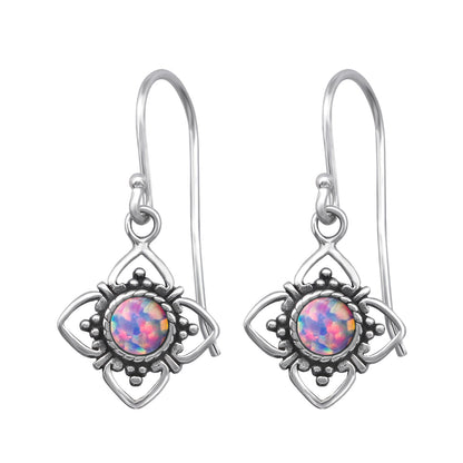 Silver flower earrings with synthetic opal accents, crafted in 925 sterling silver, featuring lavender and multicolor details.