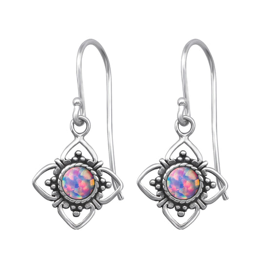 Silver flower earrings with synthetic opal accents, crafted in 925 sterling silver, featuring lavender and multicolor details.
