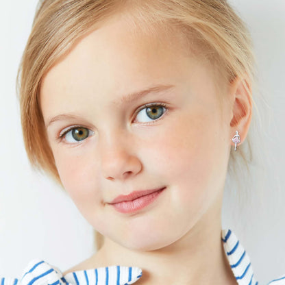 Kids ballerina ear studs in 925 sterling silver featuring delicate ballerina design, suitable for young children.