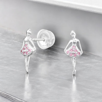 Kids ballerina ear studs made of 925 sterling silver with a delicate ballerina design, perfect for children's jewelry.
