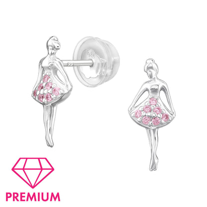 Kids ballerina ear studs in 925 sterling silver with pink cubic zirconia, featuring delicate ballet slipper design.