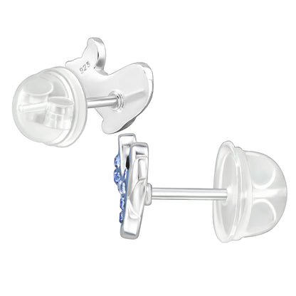 Sterling silver kids whale ear studs by Belumiee featuring cute whale designs on small, polished earrings.