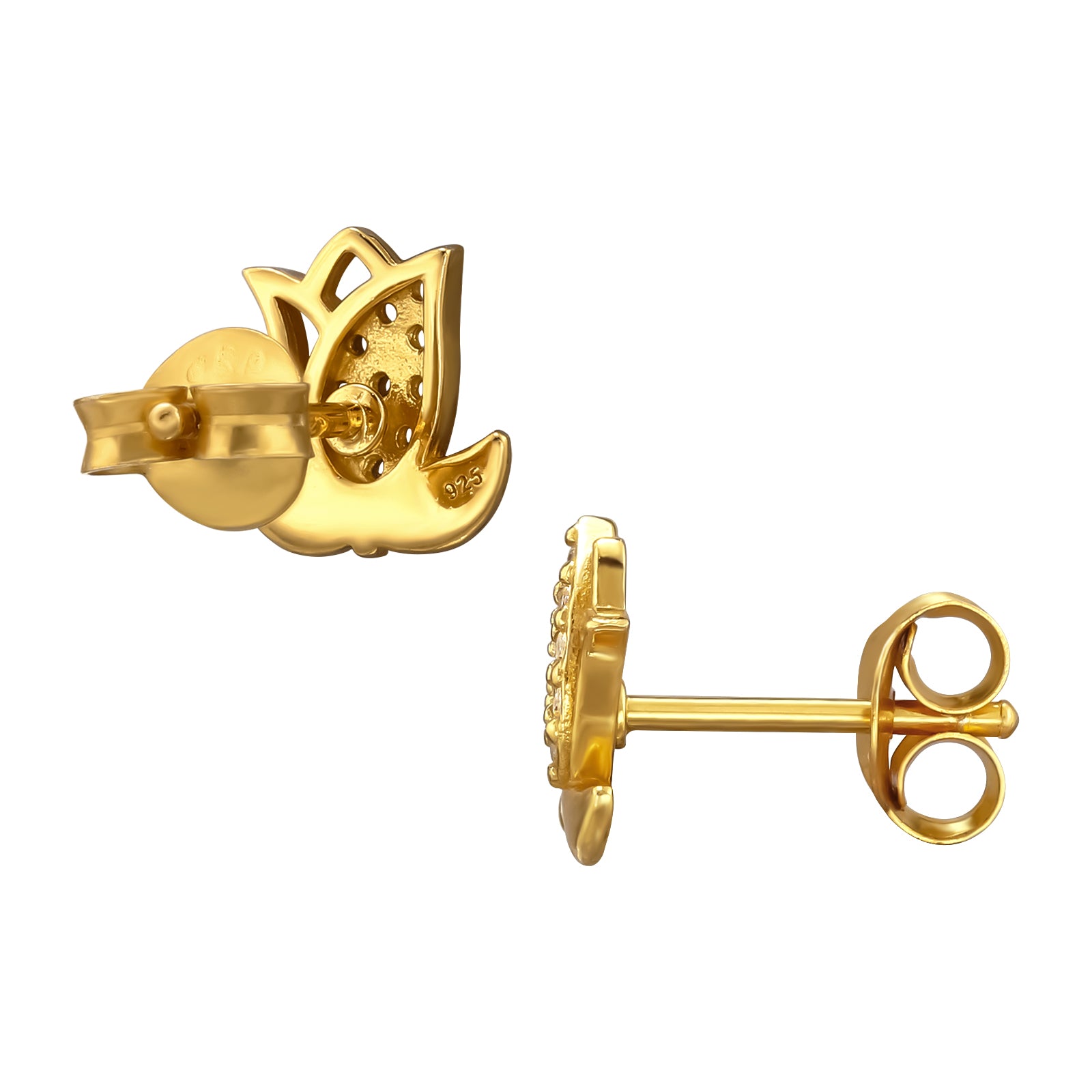 Sterling silver tulip flower ear studs by Belumiee, showcasing delicate floral design in a close-up shot.