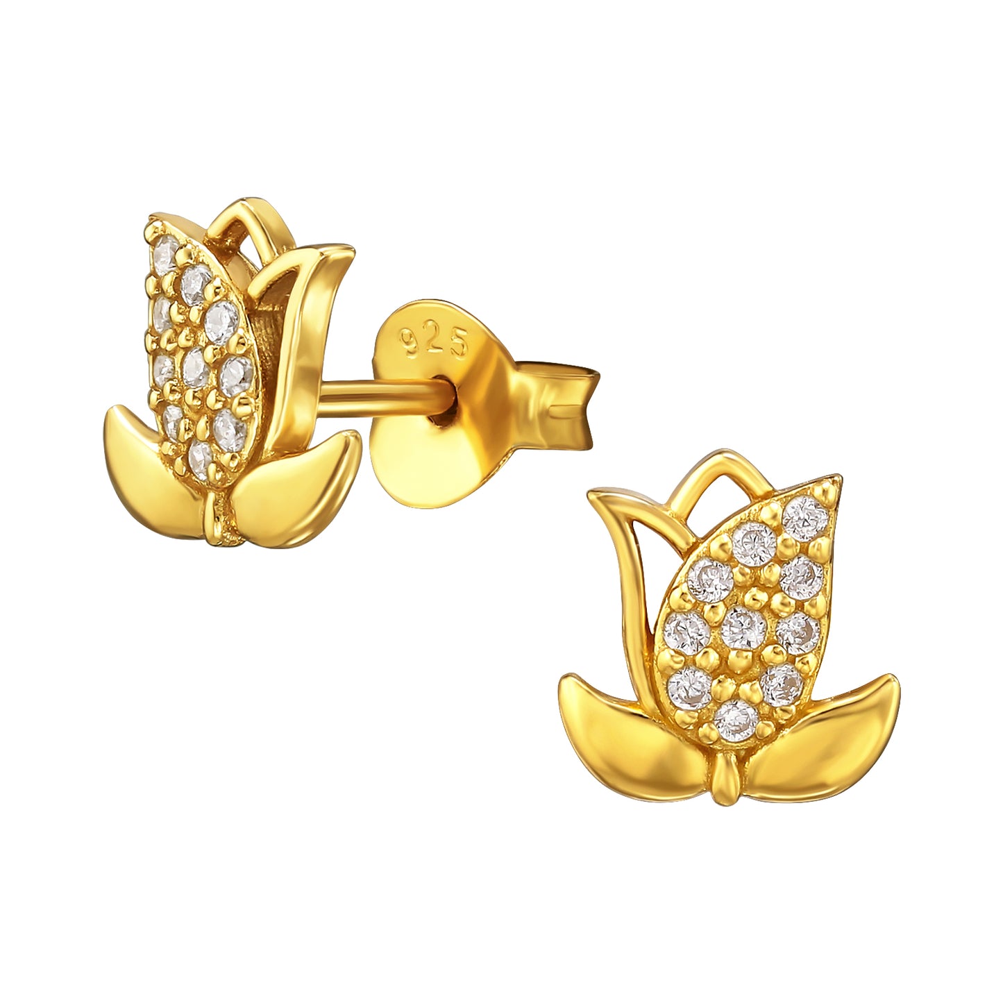 Sterling silver tulip flower ear studs with crystal accents, elegant jewelry by Belumiee.