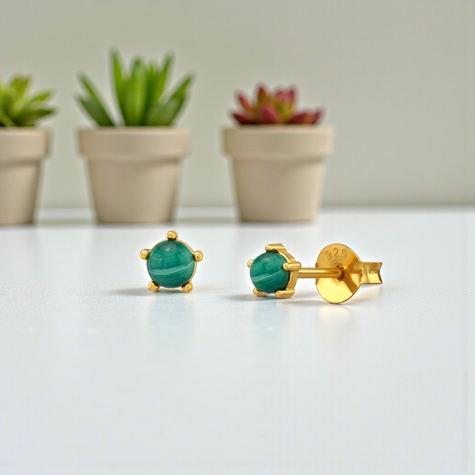 Gold plated natural stone ear studs in 925 sterling silver with ring design, by Belumiee.