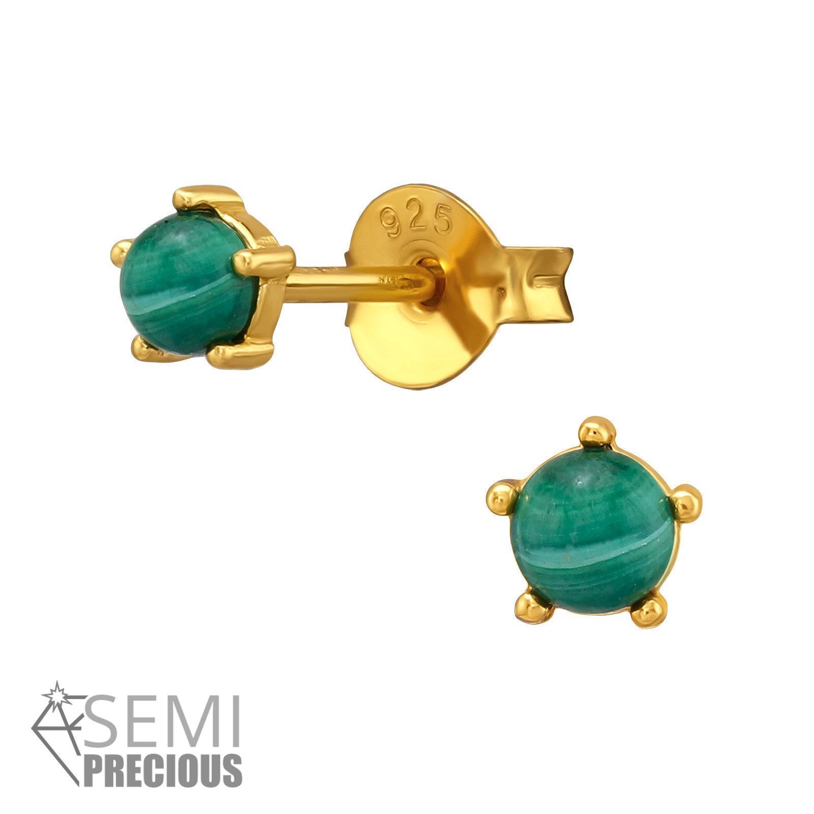 Natural stone gold-plated ear studs with genuine malachite accents in 925 sterling silver, by Belumiee.