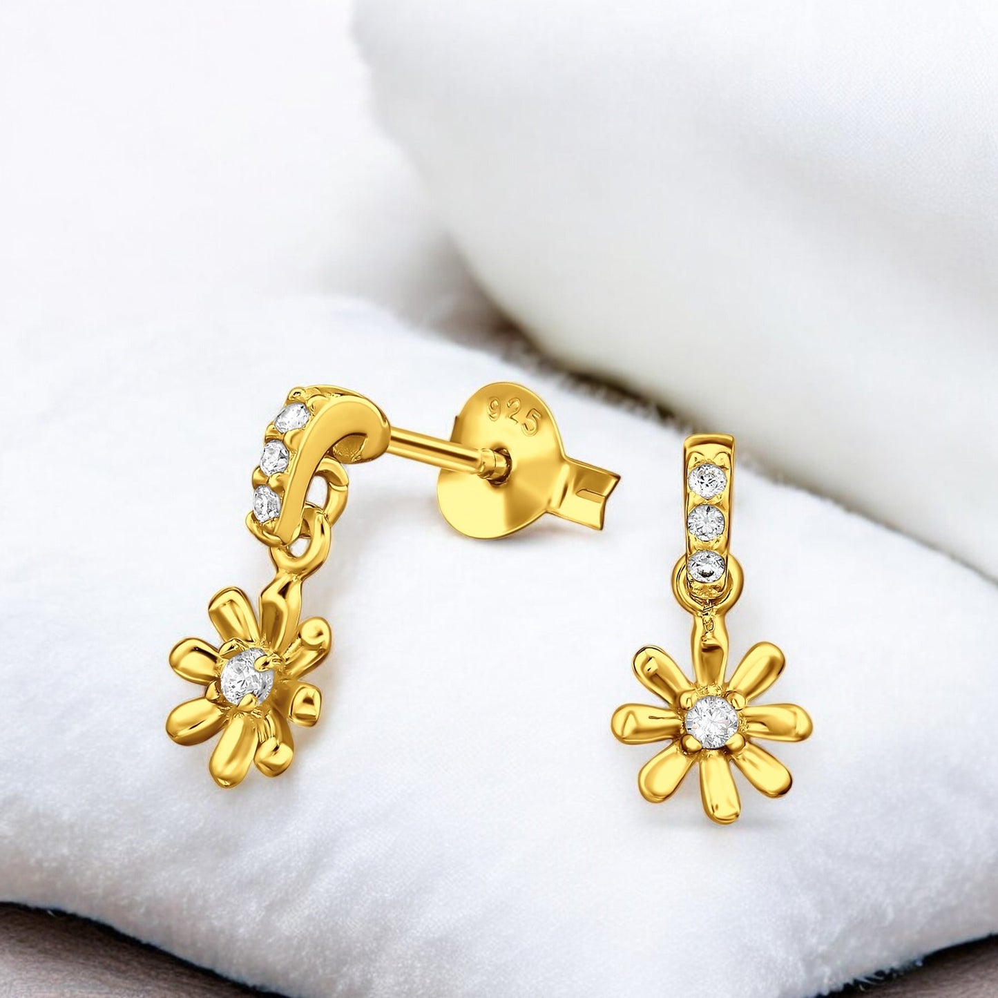 Sterling silver dangling sunflower earrings by Belumiee, featuring detailed sunflower design on ear studs.