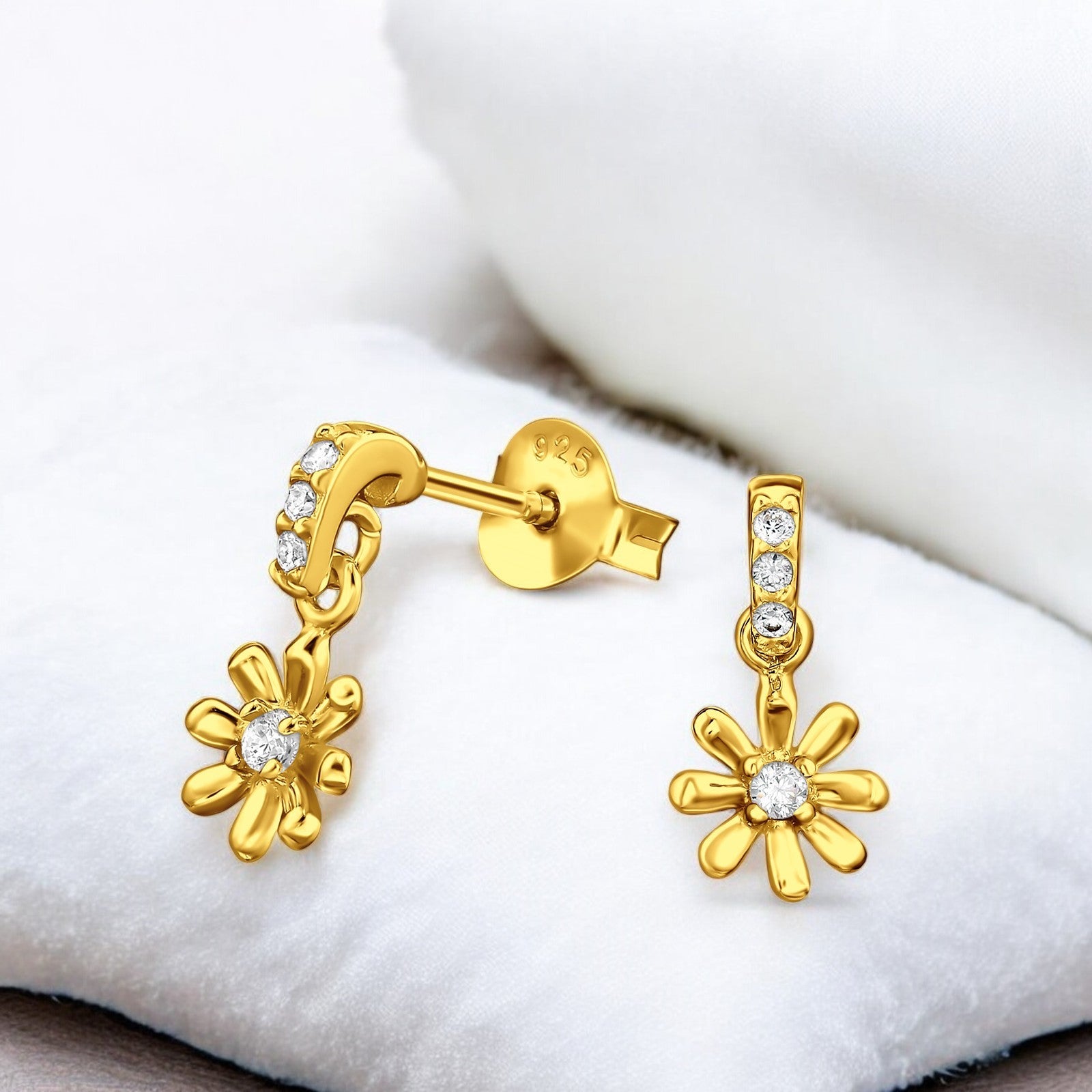 Sterling silver dangling sunflower earrings by Belumiee, featuring detailed sunflower design on ear studs.