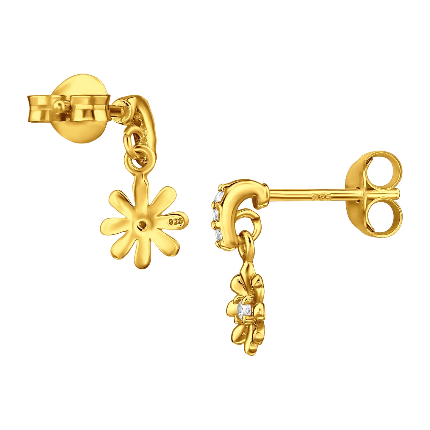 Sterling silver dangling sunflower ear studs with detailed sunflower design, crafted by Belumiee.