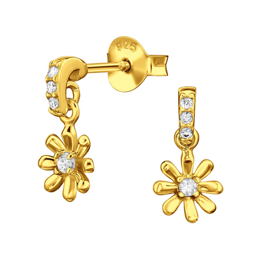 Sterling silver dangling sunflower ear studs with crystal accents, delicate jewelry by Belumiee for stylish everyday wear.