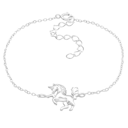 Sterling silver unicorn bracelet by Belumiee, featuring a detailed unicorn charm on a delicate silver chain.
