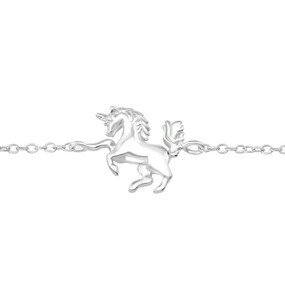 Sterling silver unicorn bracelet by Belumiee featuring a detailed unicorn charm on a delicate chain.