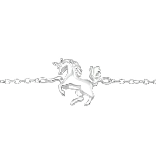 Sterling silver unicorn bracelet by Belumiee featuring a detailed unicorn charm on a delicate chain.