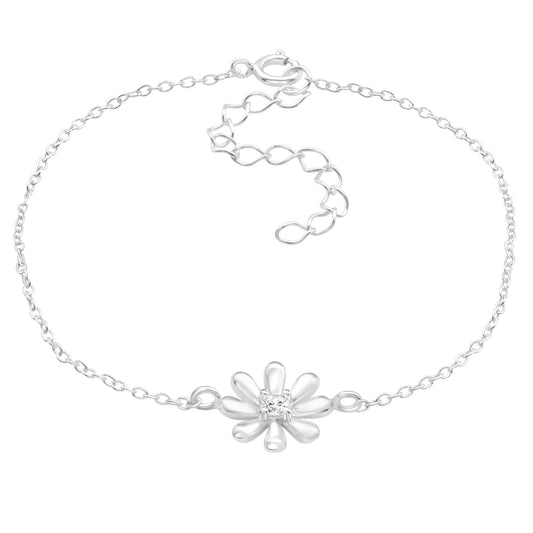 Sterling silver flower bracelet with cubic zirconia accents by Belumiee, showcasing intricate floral design and sparkling stones.