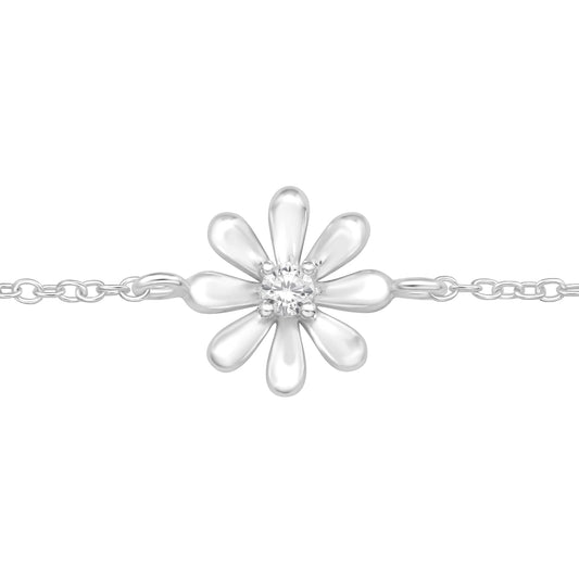 Sterling silver flower bracelet with cubic zirconia crystals by Belumiee, featuring delicate floral design and sparkling stones.