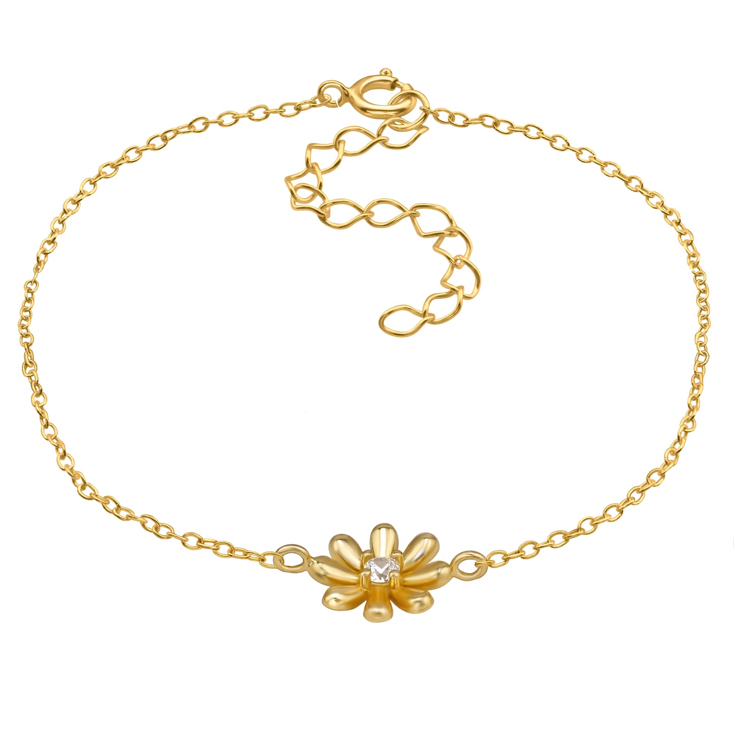 Sterling silver flower charm bracelet with gold plating from Belumiee, featuring delicate flower charms and secure clasp.