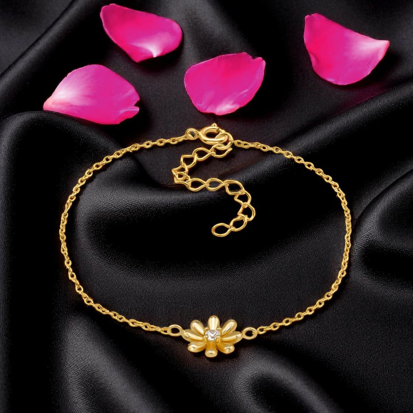 Sterling silver flower charm bracelet with gold plating, stylish jewelry by Belumiee featuring delicate floral details.