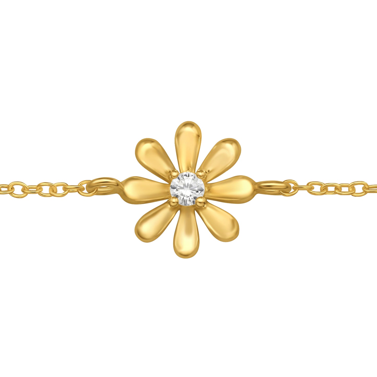 Sterling silver flower charm bracelet with gold plating, featuring crystal accents, by Belumiee, on a white background.
