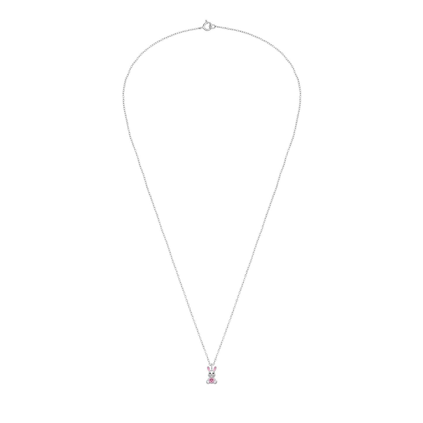 Kids rabbit necklace in 925 sterling silver featuring a cute pink rabbit charm, ideal for children's jewelry.
