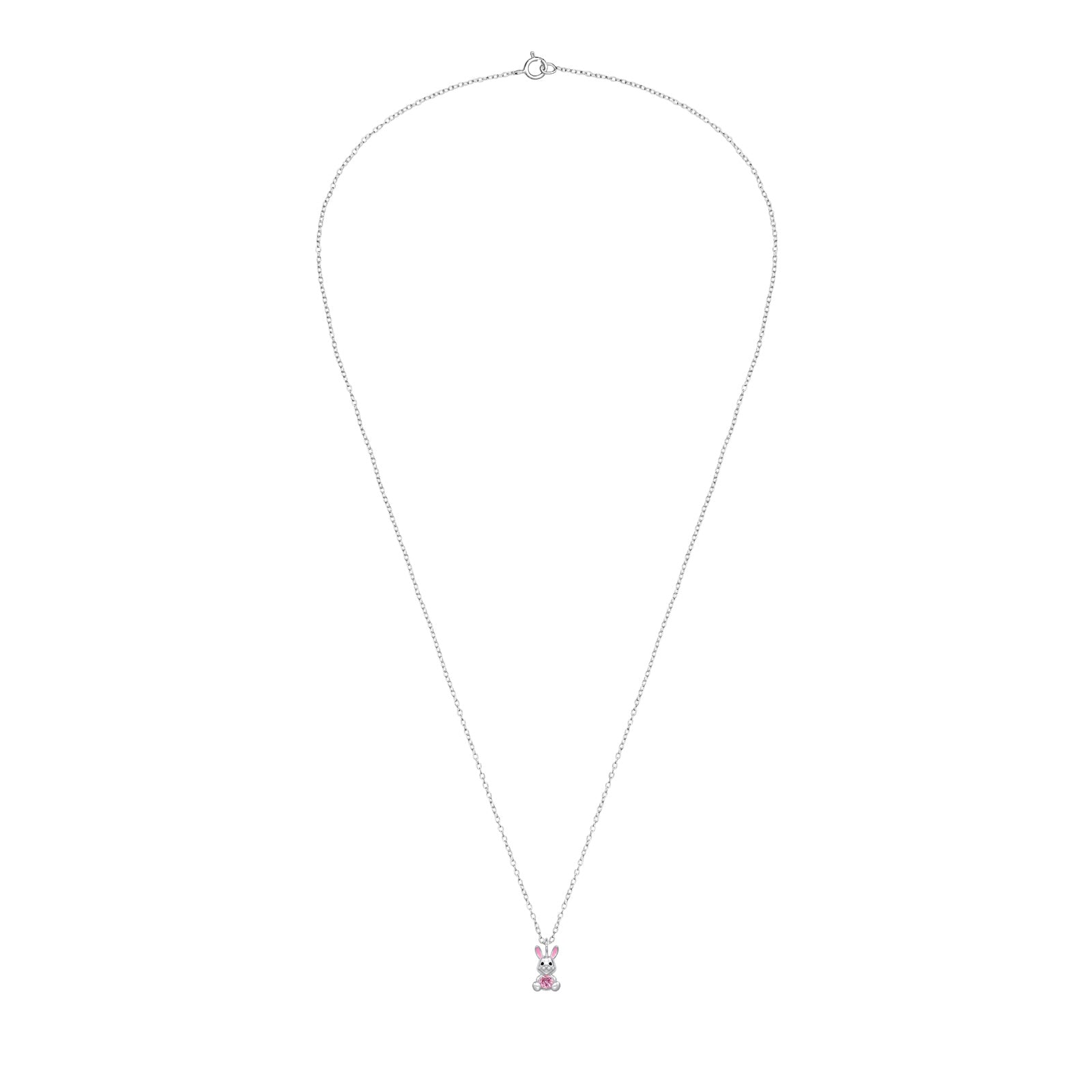 Kids rabbit necklace in 925 sterling silver featuring a cute pink rabbit charm, ideal for children's jewelry.