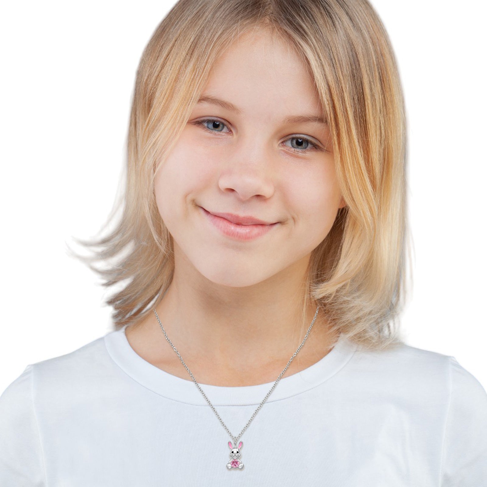 Kids rabbit necklace made of 925 sterling silver with pink accents, featuring a cute bunny charm, by Belumiee.