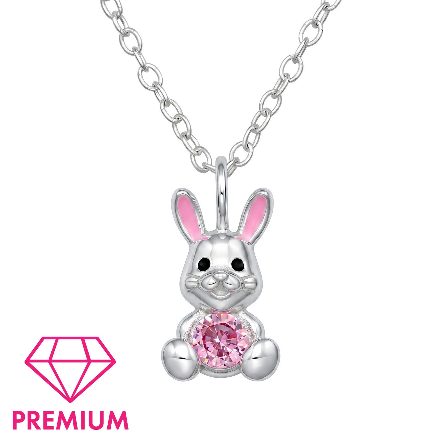 Kids rabbit necklace in 925 sterling silver with pink accents, featuring a cute rabbit pendant, by Belumiee.