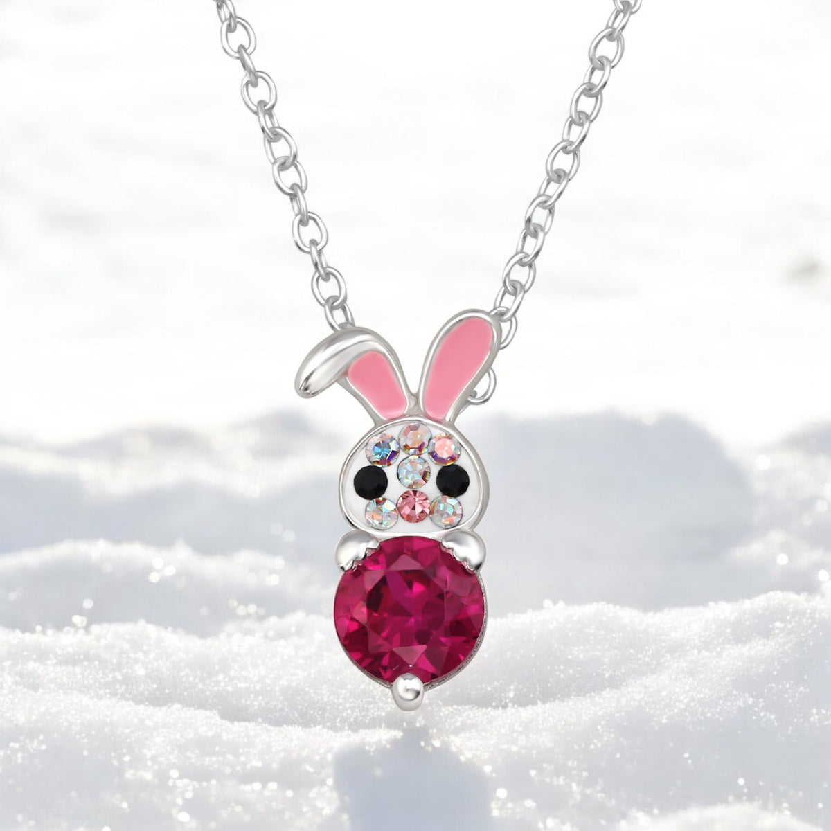 Kids rabbit necklace by Belumiee featuring 925 sterling silver, pink epoxy, cubic zirconia, and crystal details.