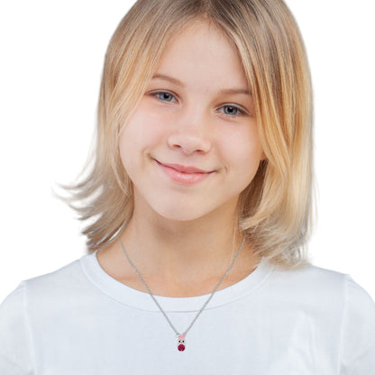 Kids rabbit necklace in 925 sterling silver with pink epoxy, cubic zirconia, and crystal accents by Belumiee.