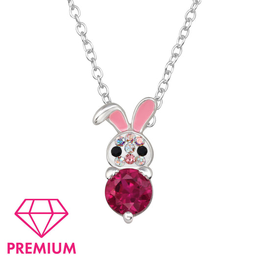 Kids rabbit necklace by Belumiee, 925 sterling silver with pink epoxy, cubic zirconia, and crystal accents, featuring a cute rabbit design.