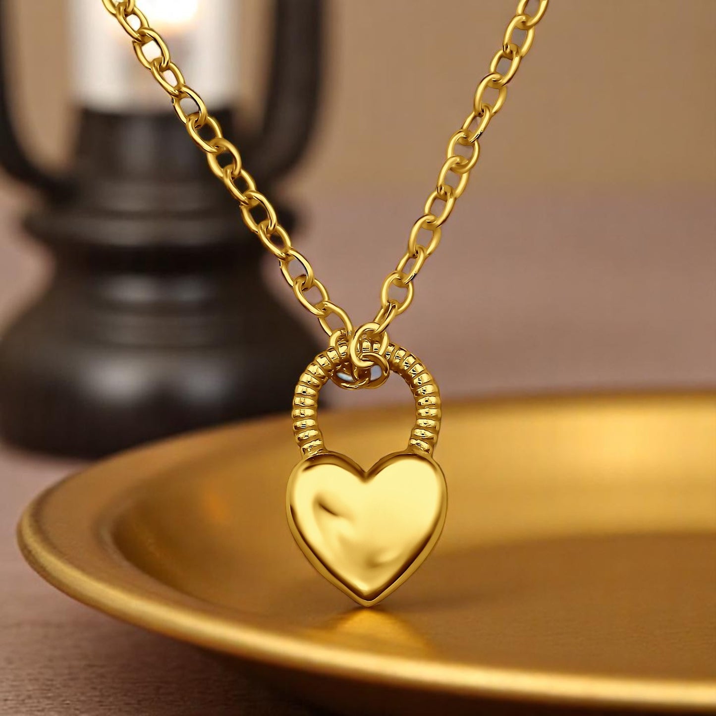 Gold plated heart padlock necklace in 925 sterling silver, featuring a delicate chain and secure clasp.