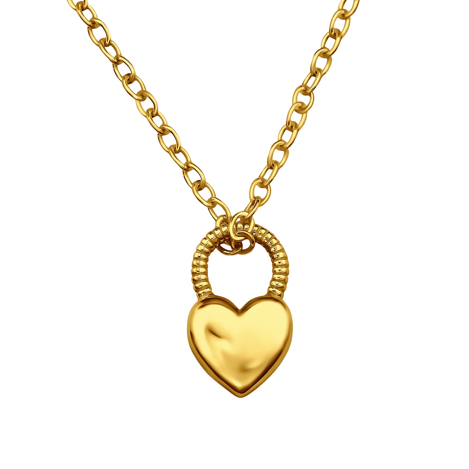 Gold plated heart padlock necklace in 925 sterling silver, designed by Belumiee, with a 45cm chain and detailed jewelry craftsmanship.