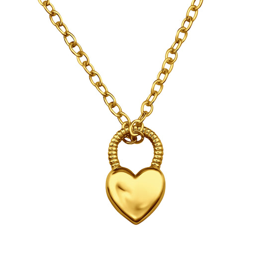 Gold plated heart padlock necklace in 925 sterling silver, designed by Belumiee, with a 45cm chain and detailed jewelry craftsmanship.