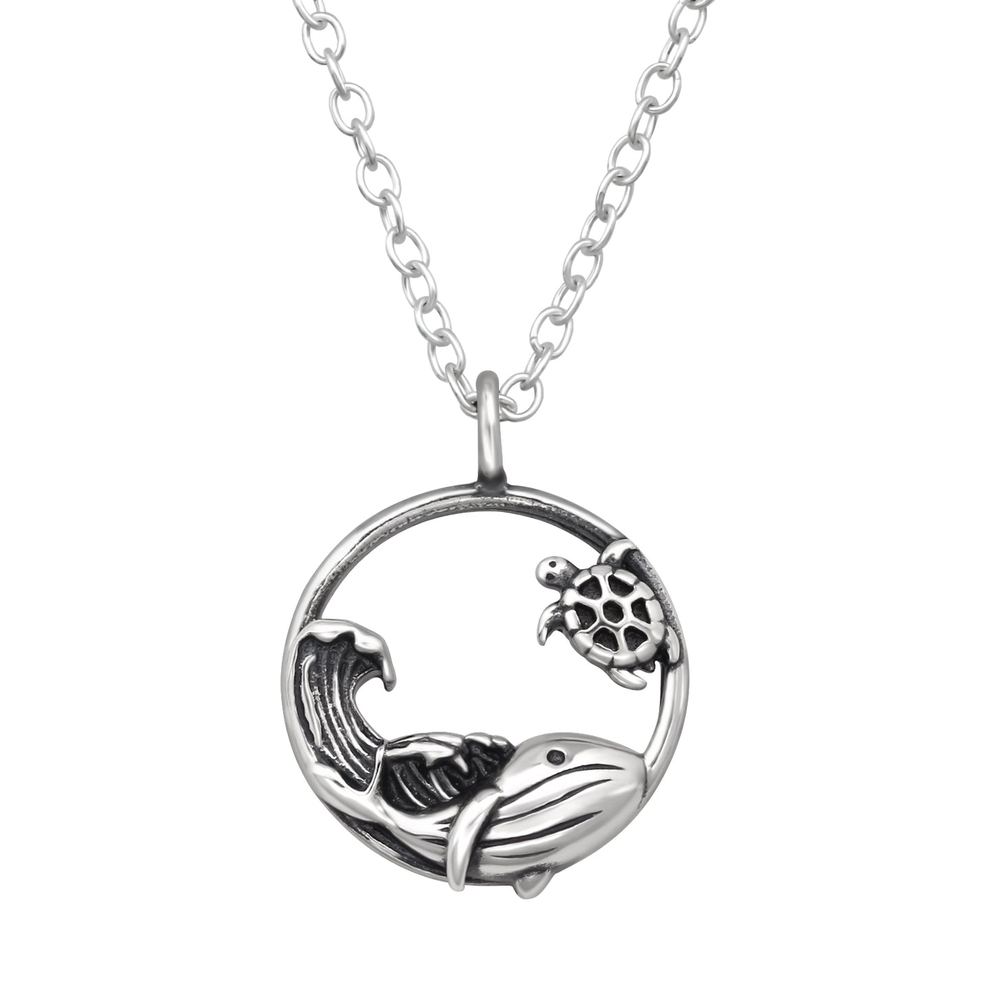 Sterling silver whale, sea turtle, and wave necklace by Belumiee, featuring detailed ocean-themed pendant on a 45cm chain
