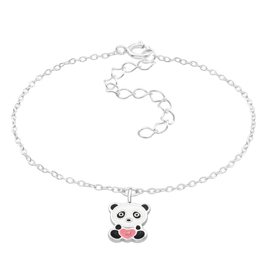 Kids panda bracelet with crystal accents in 925 sterling silver by Belumiee, featuring a cute panda design.